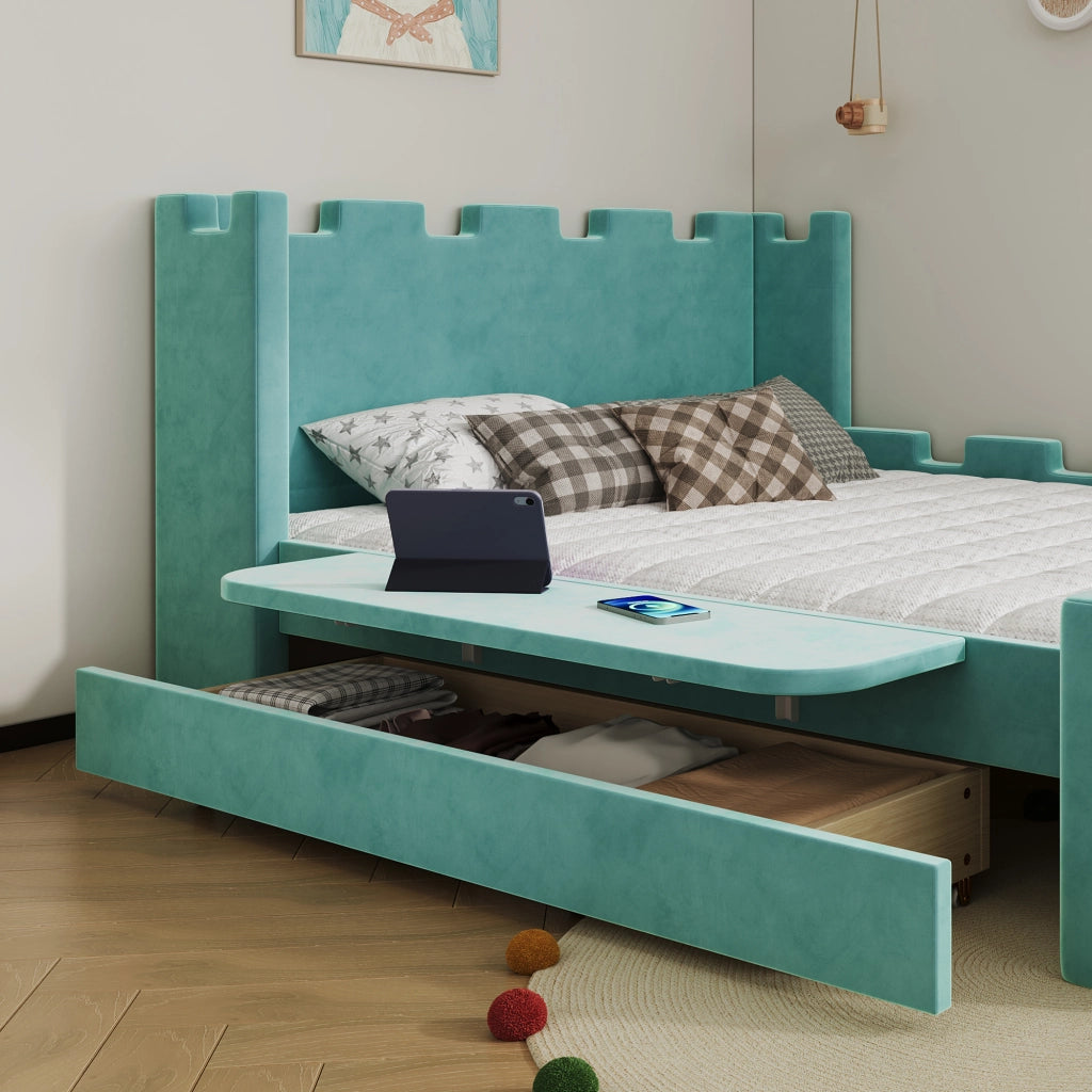 Letto con cassetti 140 × 200 cm con ripiano laterale pieghevole rivestito in velluto francese blu-verde