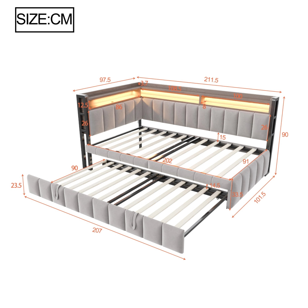 Letto con letto estraibile 90 × 200 cm con secondo letto 90 × 190 cm LED USB e Type-C rivestito in velluto grigio