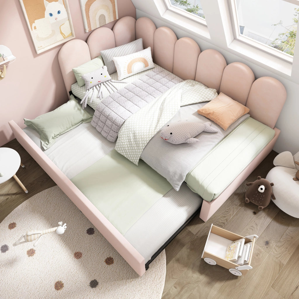 Letto singolo imbottito con letto estraibile 90 × 200 cm in velluto rosa con rete a doghe e schienale