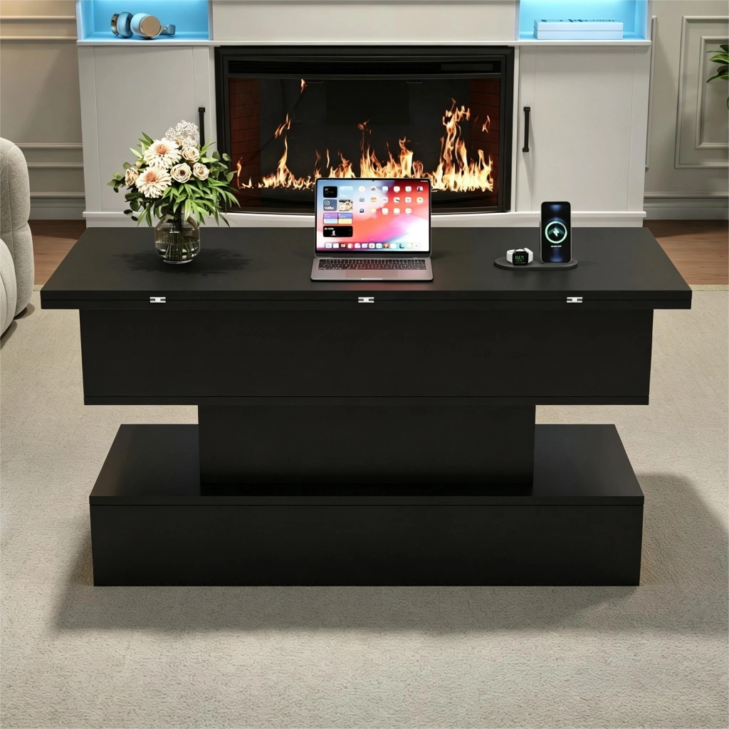 Tavolino da Salotto Sollevabile Nero con Prese USB e LED 100x50x51.5cm