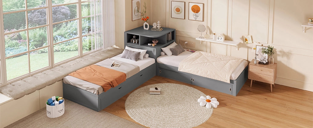 Letto a piattaforma a L 90x200 cm con letto estraibile e contenitore con porta scorrevole, luce notturna inclusa, Grigio