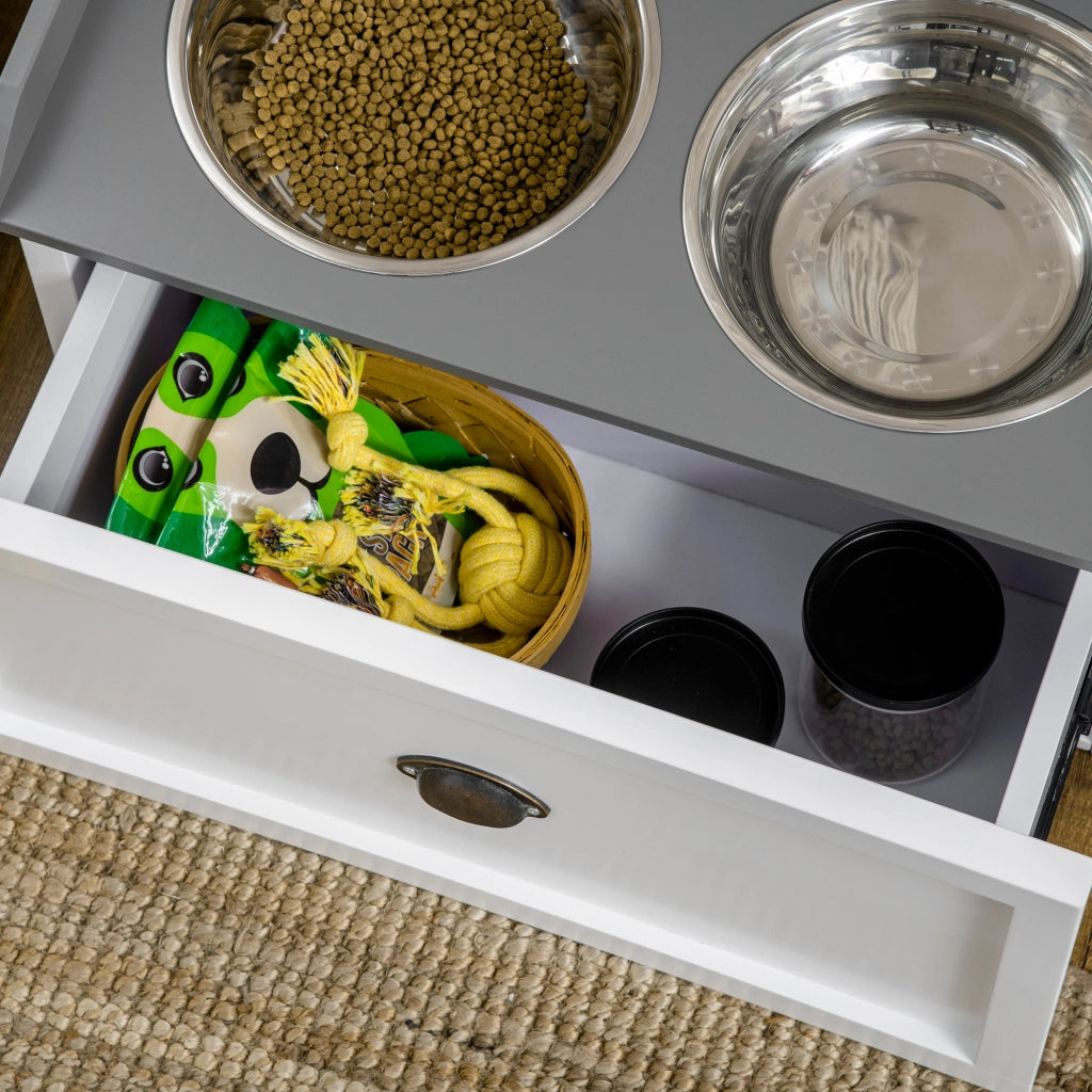 Stazione pappa rialzata per cani grandi con cassetto da 21 l e 2 ciotole in acciaio inox bianche da 2 l