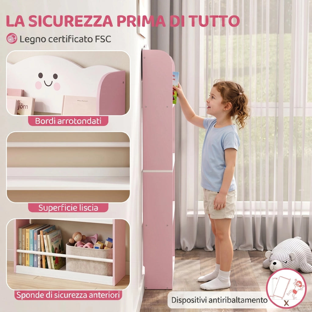 Libreria Montessoriana per Bambini 3-6 Anni con Tema Zucchero Filato, 4 Ripiani in Legno, per Cameretta, Rosa