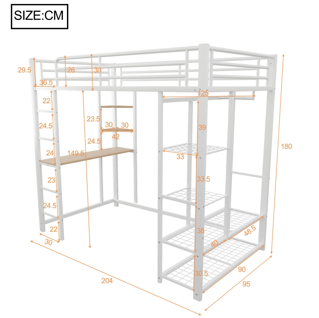 Letto a soppalco singolo 90x200 cm con scala, scrivania e armadio integrato, bianco