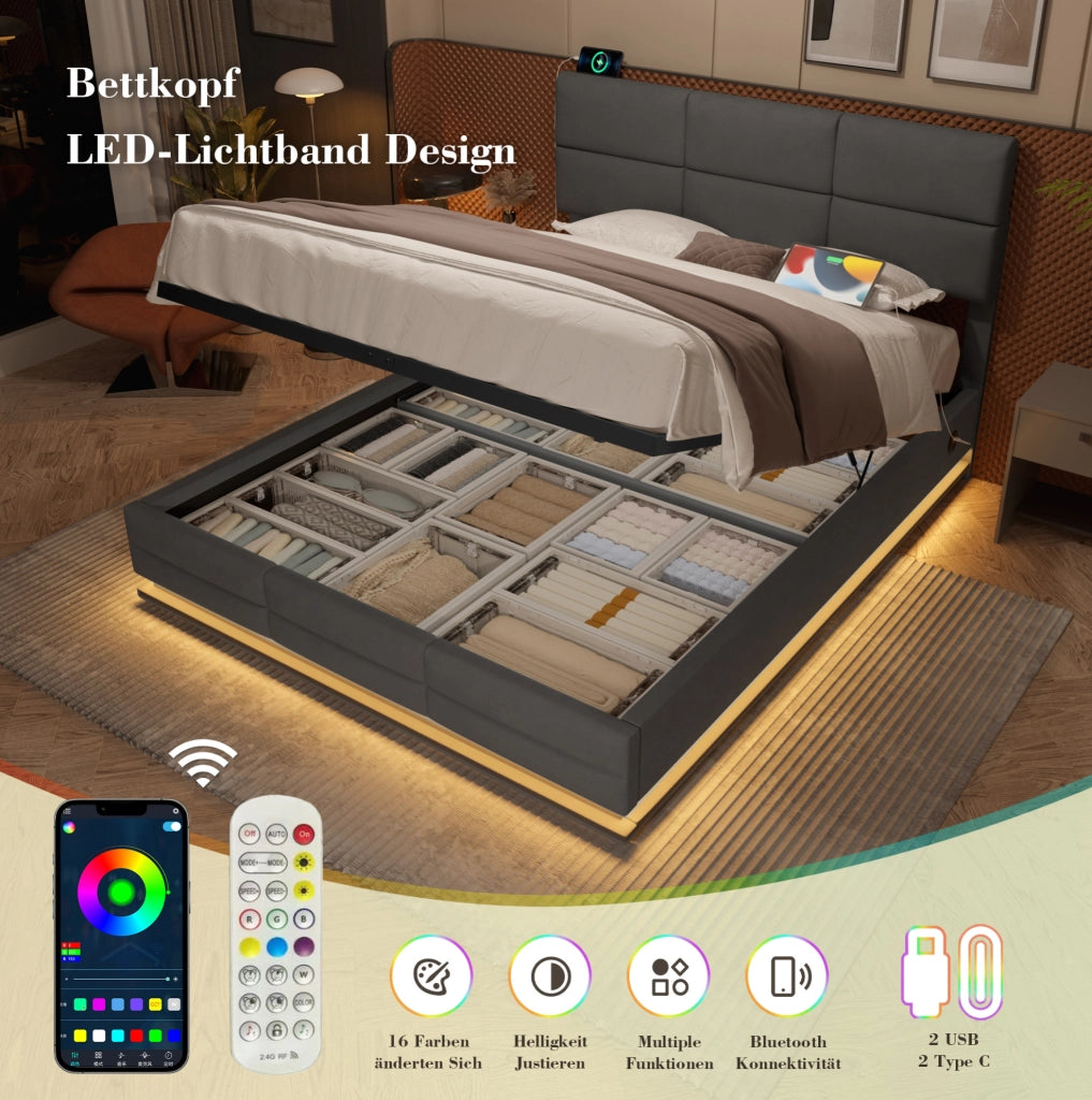 Letto contenitore 180x200 cm in velluto grigio con testiera regolabile; LED dimmerabile e USB