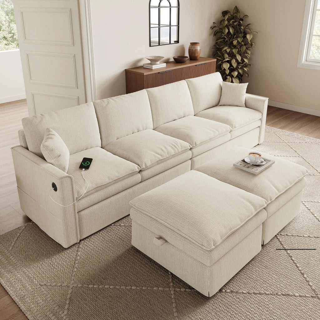 Divano modulare angolare ULEVR 6 posti 277x135x80 cm a U/L con 2 pouf contenitore, USB e Type-C, beige