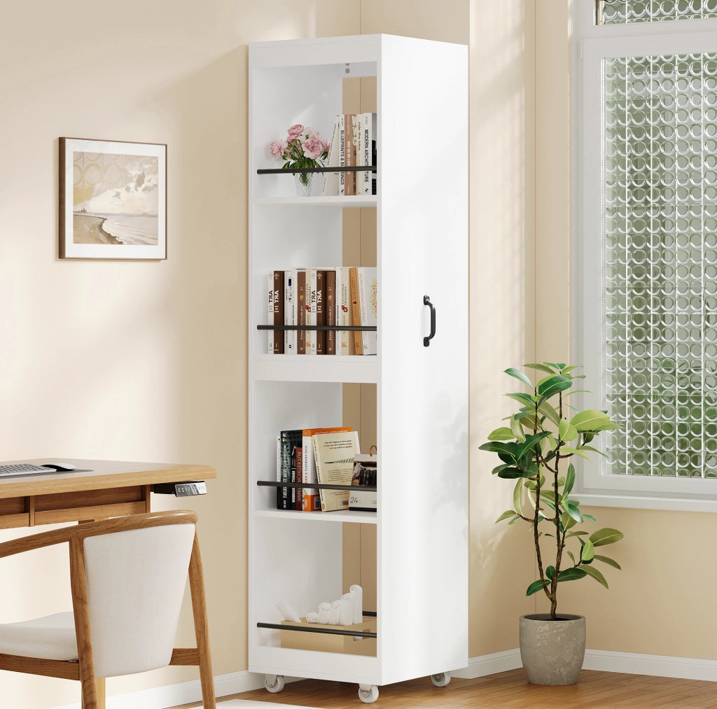 Libreria stretta su ruote 40x30x160;5 cm con barre di protezione in MDF bianca