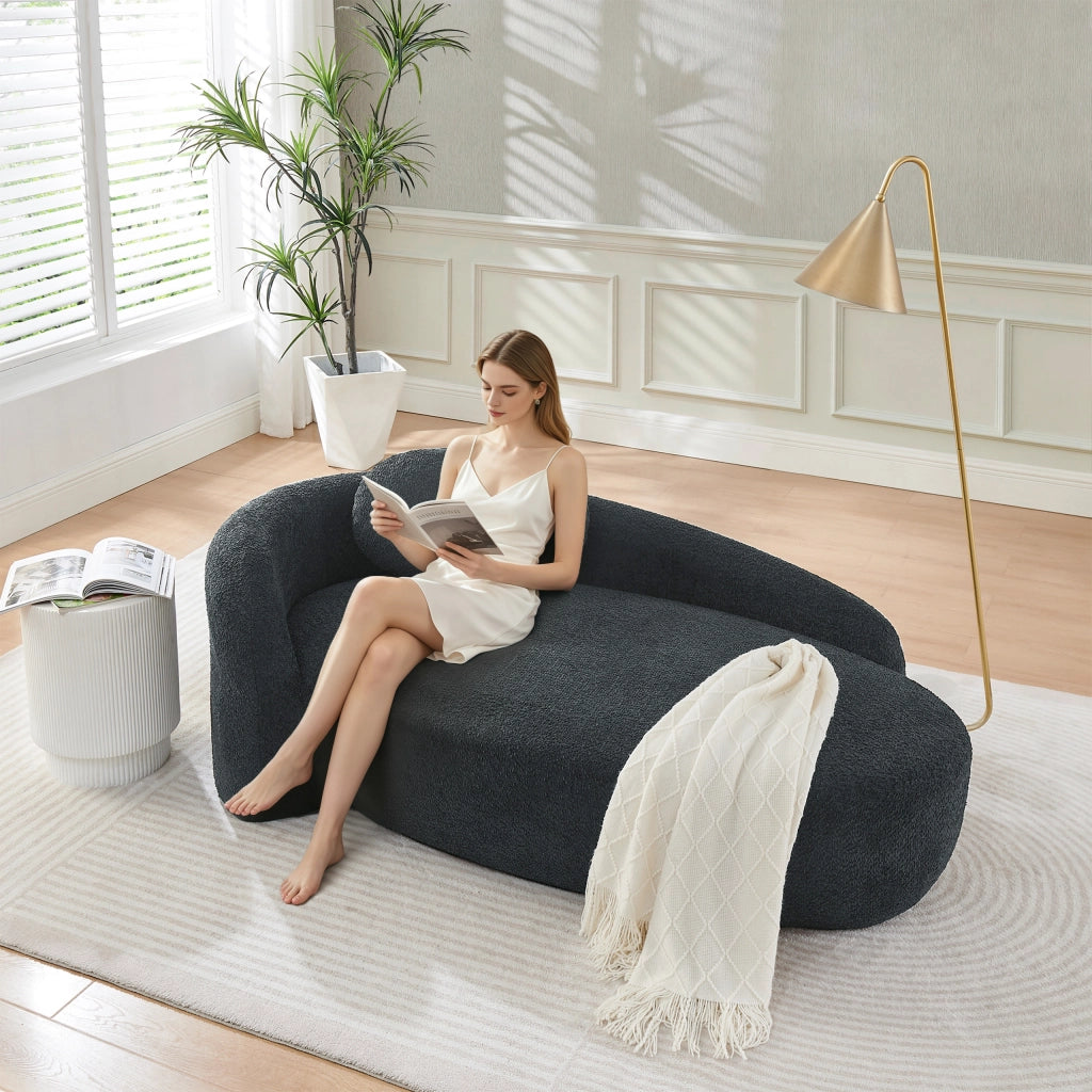 Divano in pile teddy nero poltrona 1 posto con cuscino, imbottitura in schiuma, design arrotondato, 1 pezzo