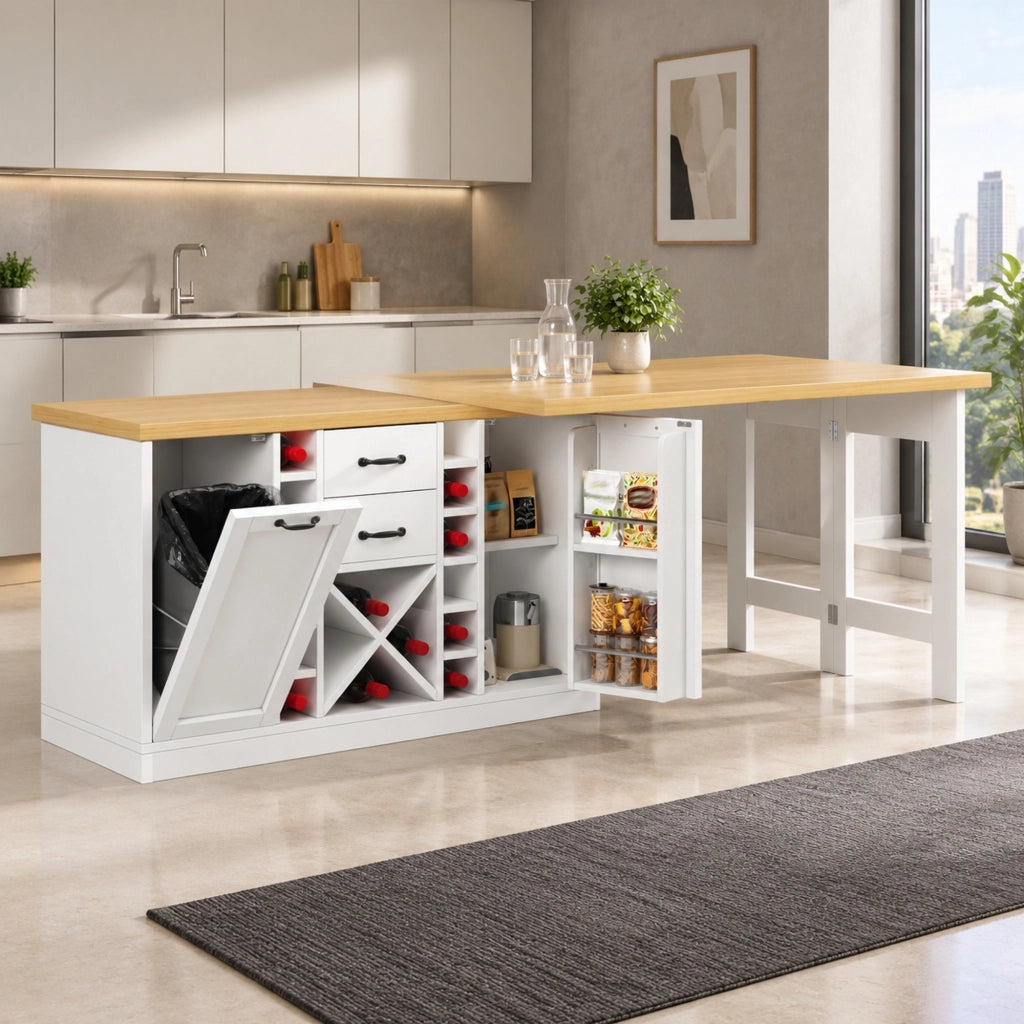 Tavolo da cucina con piano girevole 360° portabottiglie estraibile e portarifiuti bianco 120–223 × 40 × 73.8 cm