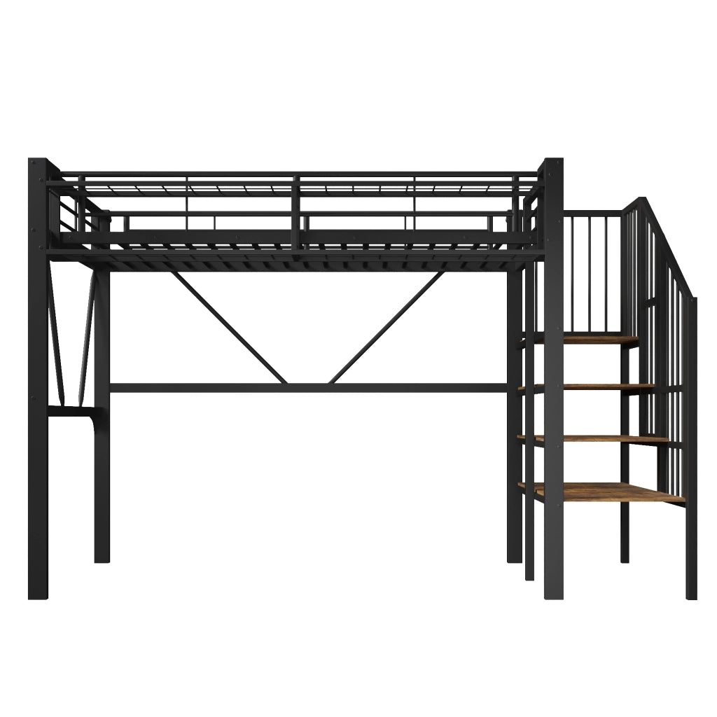 Letto a soppalco 90x200 cm in metallo e MDF, con ripiani a gradini, vano aperto, LED, nero