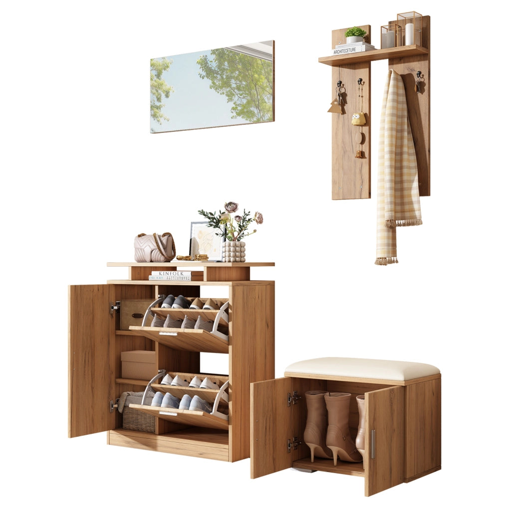 Set ingresso con panca portascarpe; specchio e ganci; 140x35x133 cm; effetto legno naturale