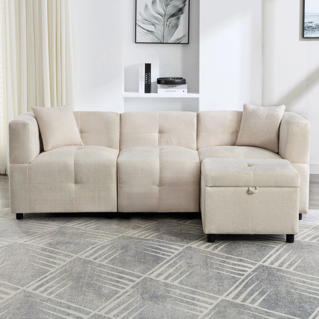 Divano modulare 3 posti in ciniglia beige con pouf contenitore