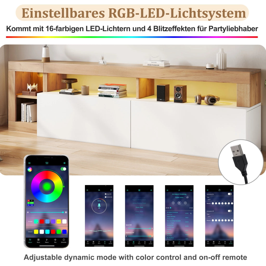 Mobile TV moderno 184x42x58 cm con LED; finitura bianco e legno; in truciolare