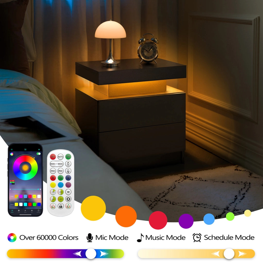 Comodino moderno con LED multicolore; 2 cassetti e vano aperto in legno ingegnerizzato nero