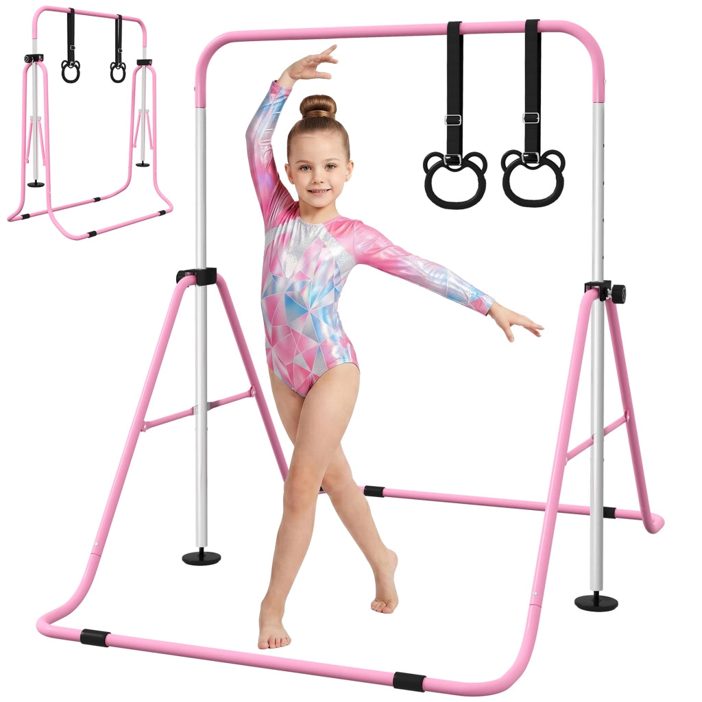 Sbarra da ginnastica artistica per bambini in acciaio rosa con 2 anelli, altezza regolabile e pieghevole, 148x105x88-128 cm, per casa