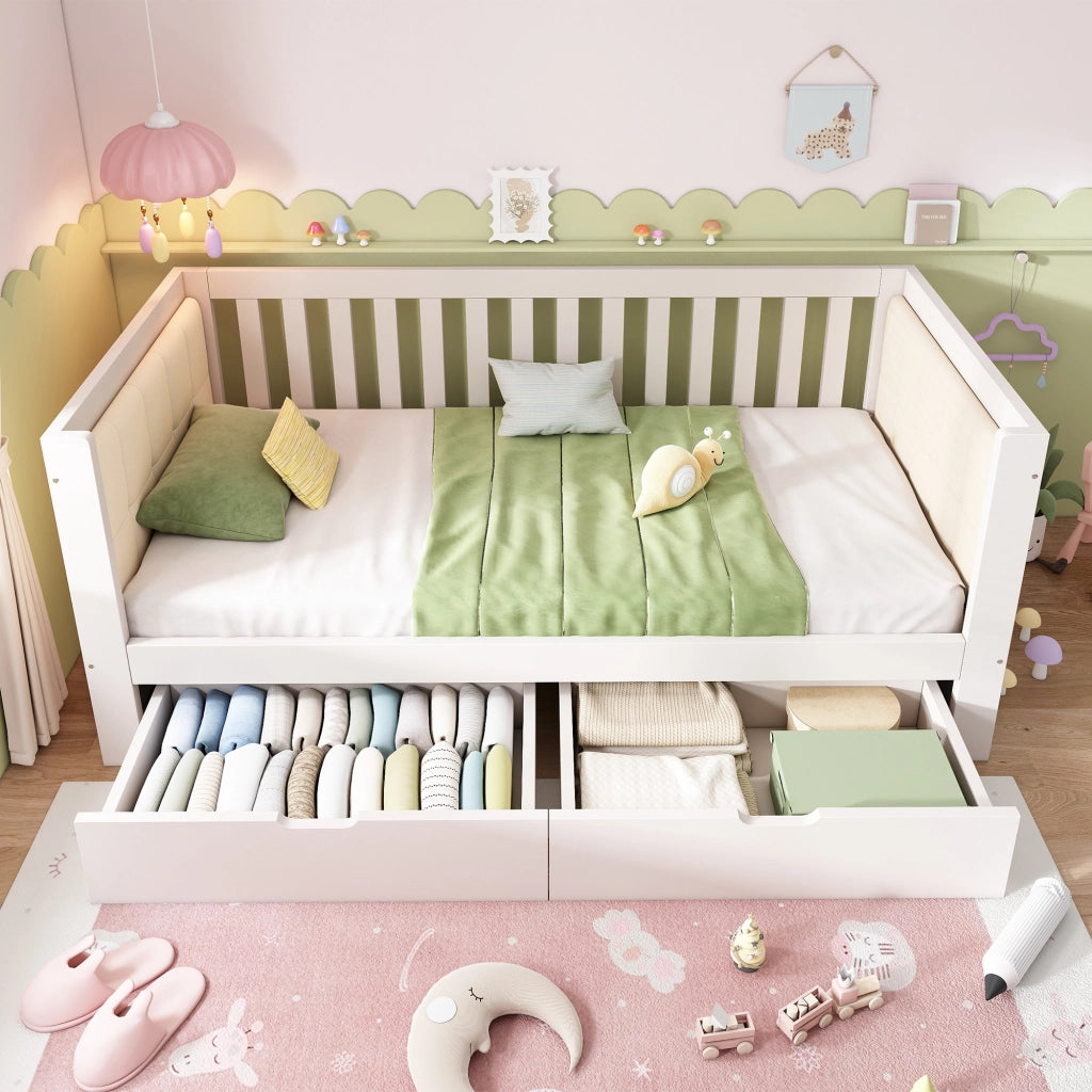 Divano letto 90 x 190 cm con contenitori, letto singolo in pino massello bianco con 2 cassetti su ruote, schienale 3 lati e braccioli arrotondati