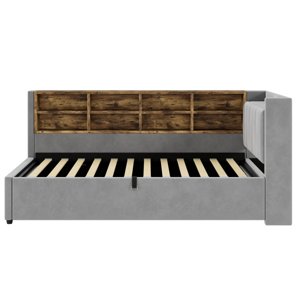 Letto divano singolo 90 × 200 cm con contenitore idraulico; luce notturna; USB e Type-C; senza materasso; grigio chiaro