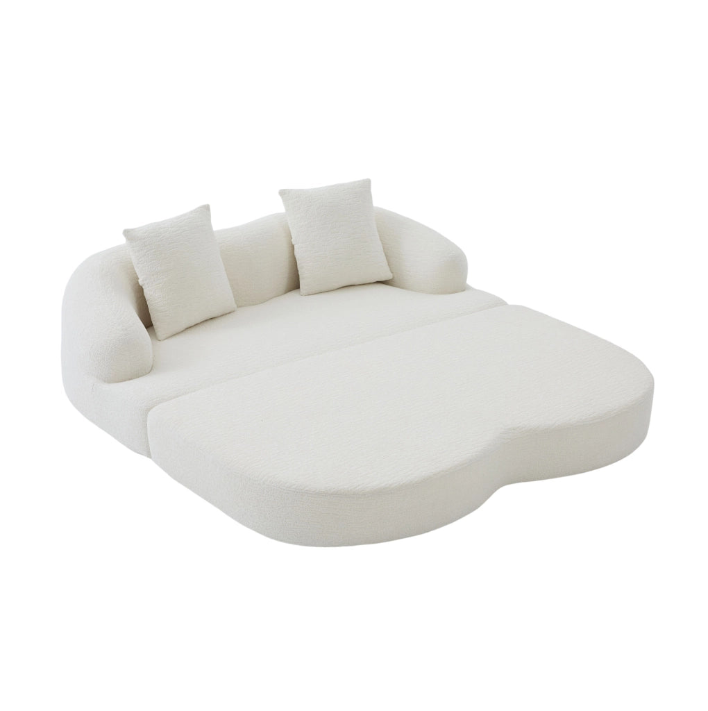 Divano letto 2 posti in chenille beige, multifunzione con due cuscini, trasformabile per soggiorno e camera ospiti