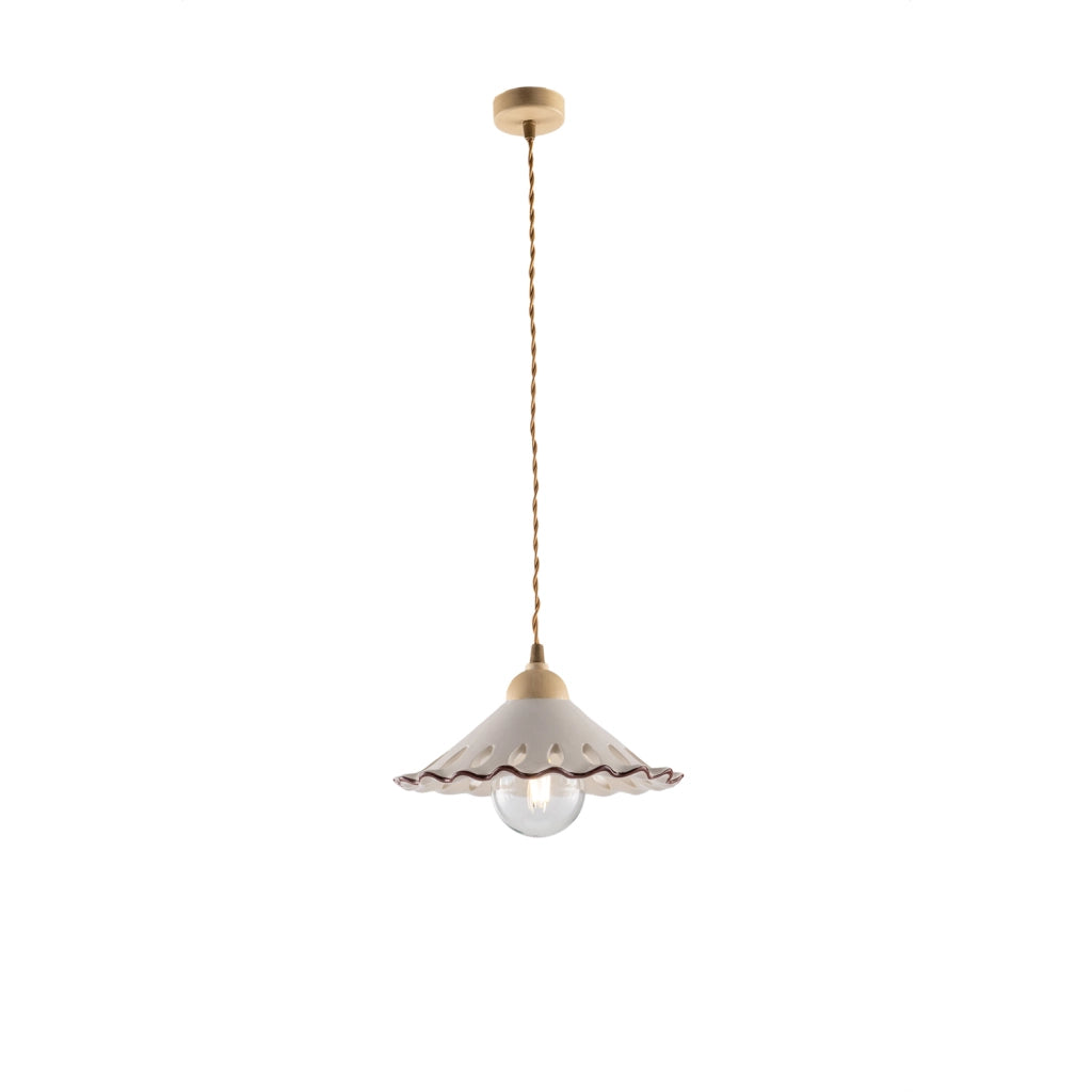 Sospensione 1 Luce Osteria In Ferro Avorio Decapè E Coppa In Ceramica Decorata
