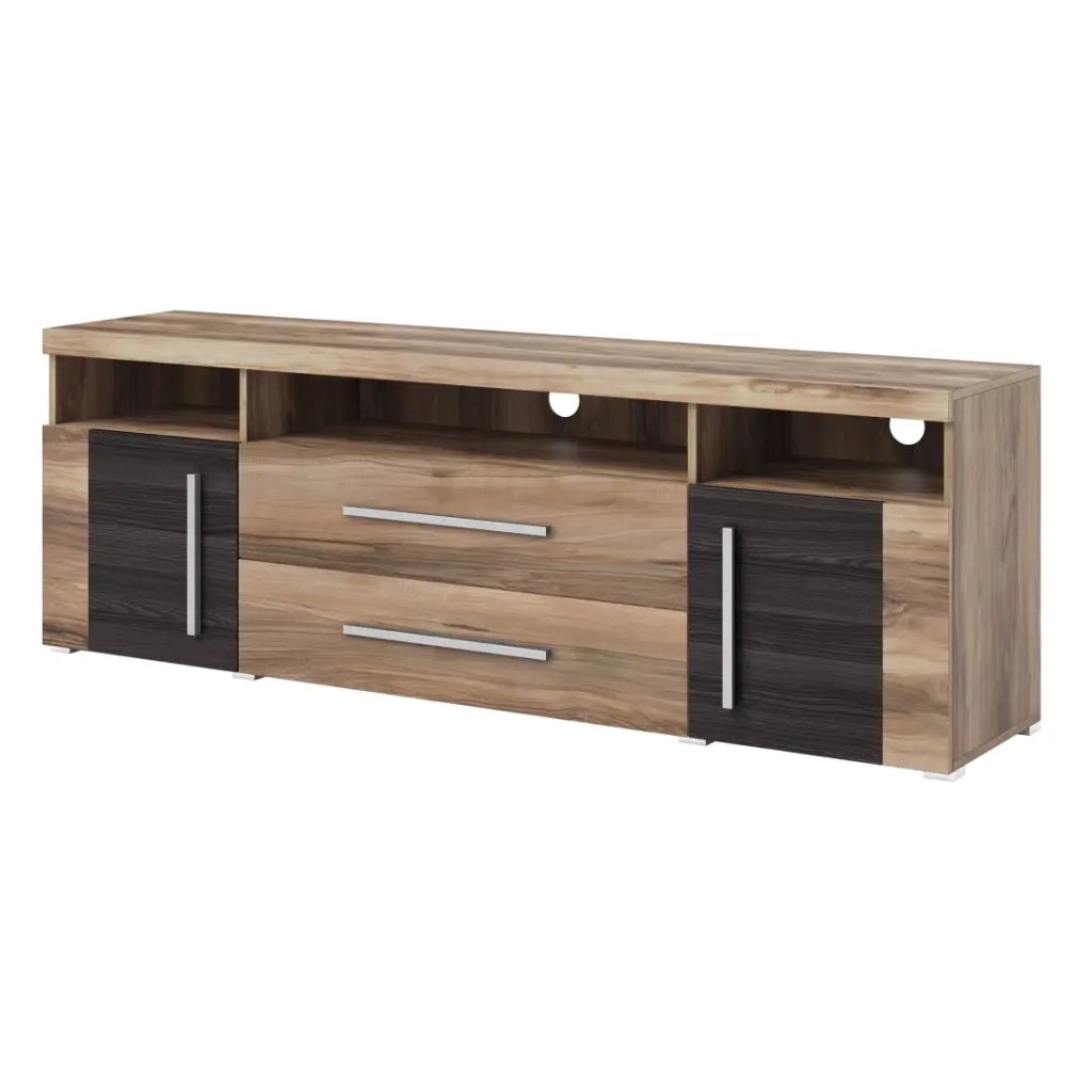 Mobile TV BRAZZA 182 cm – 2 porte, 2 cassetti – Noce satinato e nicchie visibili