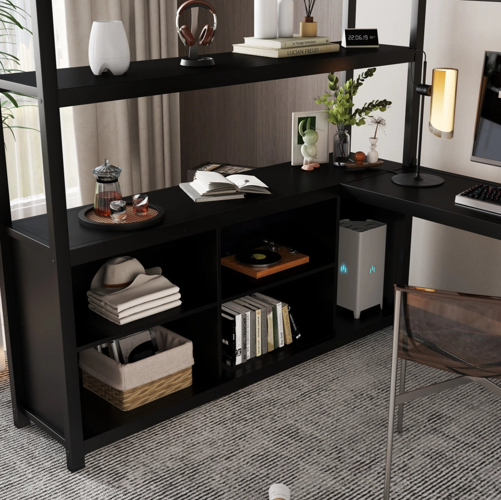 Letto a soppalco 140x200 cm con scrivania; armadio e vani contenitore in metallo e truciolare nero