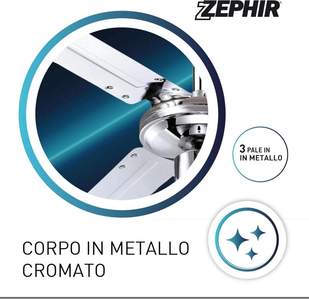 Ventilatore a Soffitto Zephir ZFR3121X 120 cm con Luce, 3 Pale in Metallo Cromato, Telecomando, 5 Velocità, Funzione Reversibilità Estate/Inverno, Timer 1/2/4/8 Ore, Lampada E27 fino 60W, Potenza 70W – Ideale per Casa, Soggiorno e Ufficio