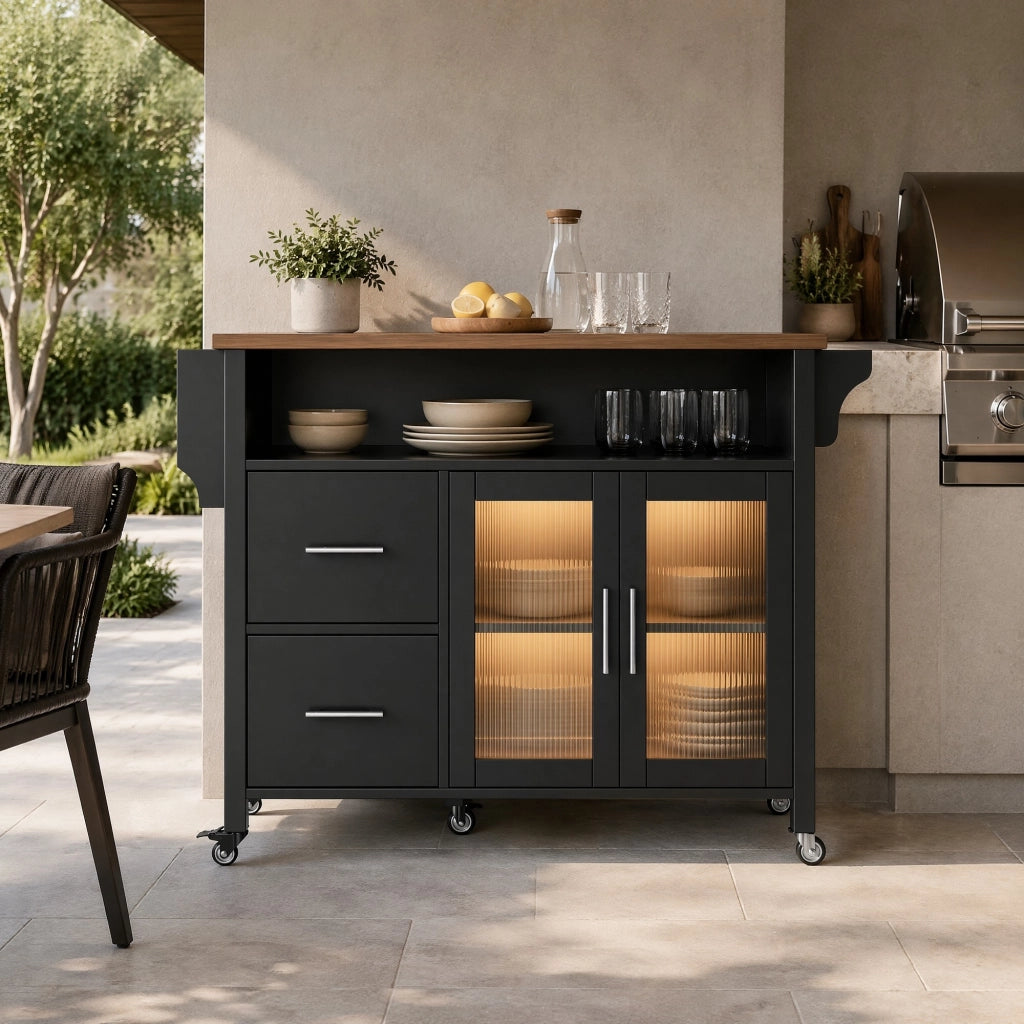 Carrello da cucina con piano pieghevole; 2 cassetti; anta in vetro ondulato; LED; ruote e portaasciugamani nero