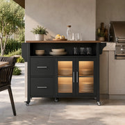 Carrello da cucina con piano pieghevole; 2 cassetti; anta in vetro ondulato; LED; ruote e portaasciugamani nero