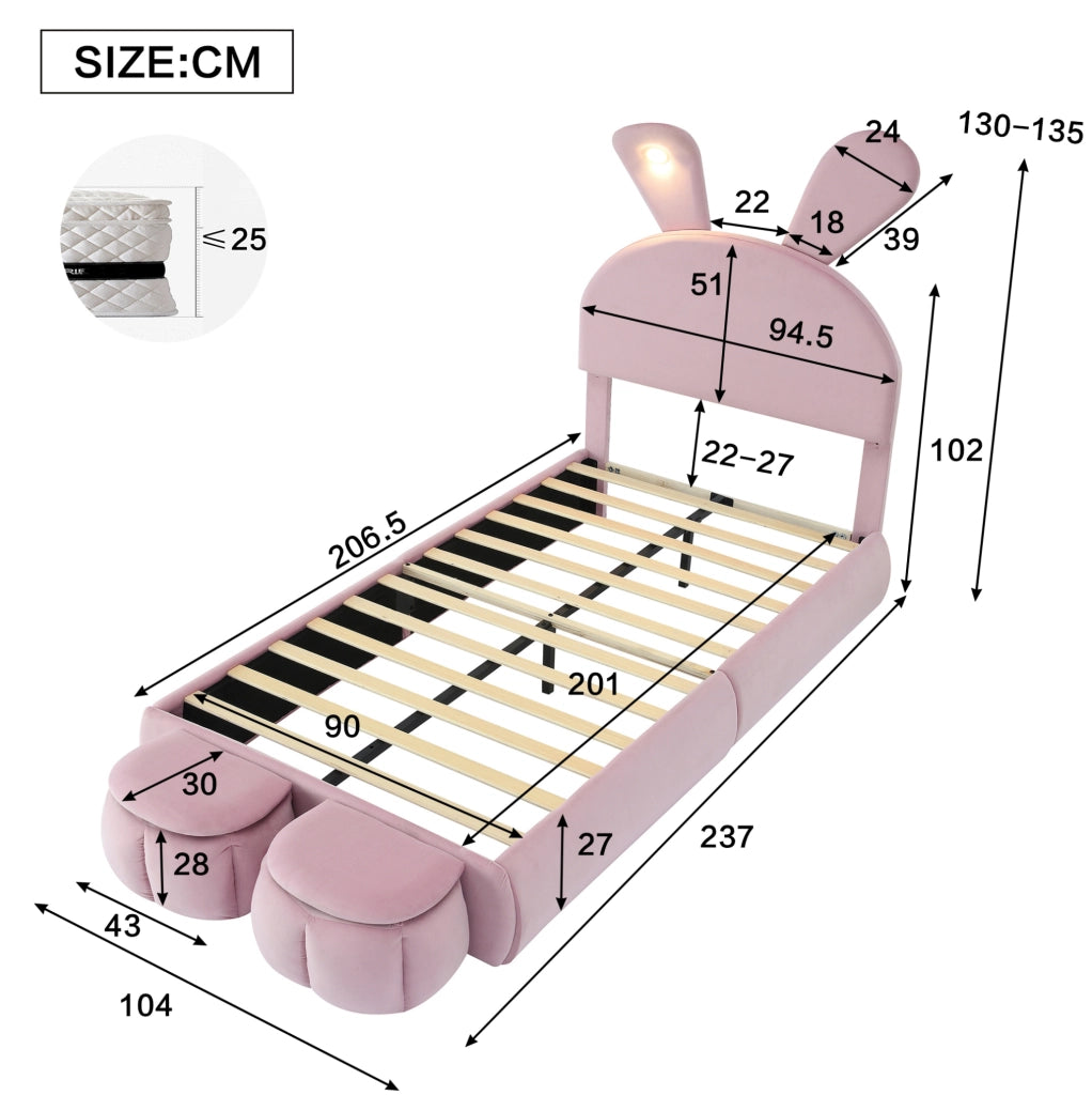 Letto imbottito singolo con orecchie da coniglio, luci LED regolabili e 2 pouf contenitore