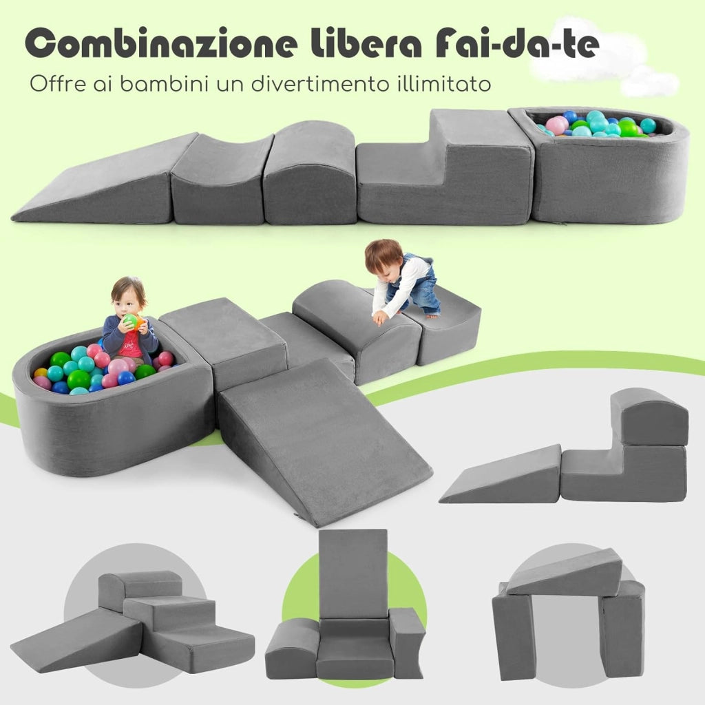 Set di 5 Pezzi Gioco in Schiuma, Blocchi con Piscina di Palline per Bambini, Coperture Lavabili con Cerniere, Blocchi Creativi per Stanza di Giocattoli, Camera da Letto (Grigio)