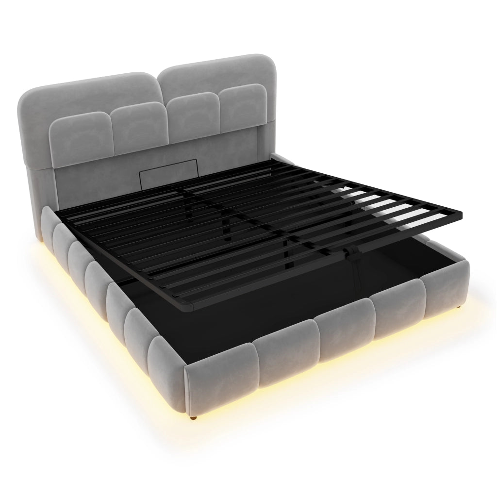 Letto Imbottito 140x200 cm in Velluto Grigio con Contenitore Idraulico e Luci LED; Letto Matrimoniale alla Francese