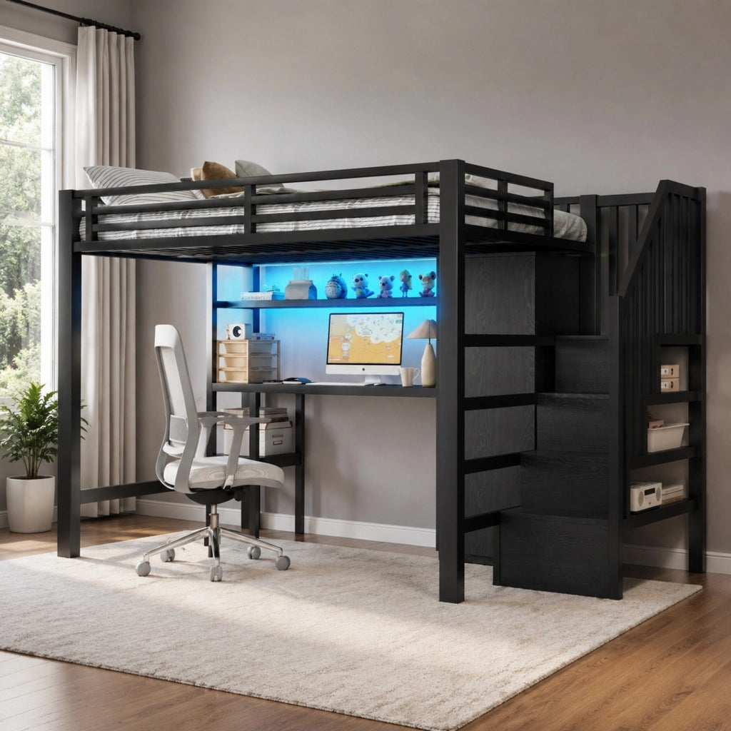 Letto a soppalco 140x200 cm con scrivania; armadio e LED in MDF e metallo nero