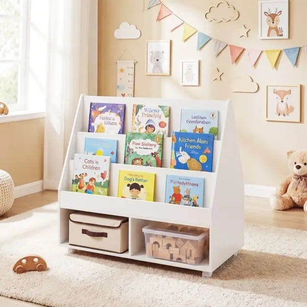 Libreria per bambini a doppio lato su ruote con lavagna e cubi aperti in MDF bianco salvaspazio 90 x 45,5 x 87 cm