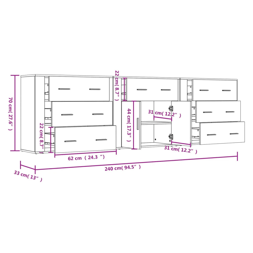 Buffet credenza cassettiera armadio mobile contenitore organizer per cucina soggiorno salotti 3 pezzi legno ingegnerizzato grigio 02_0037124