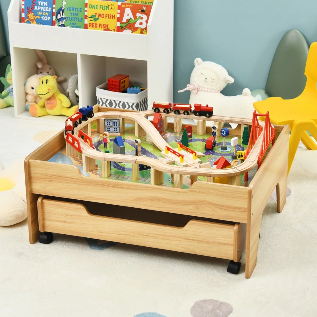 Set tavolo di legno con binari ferroviari per bambini, Tavolo attivit¨¤ con ruote bloccabili e 100 pezzi