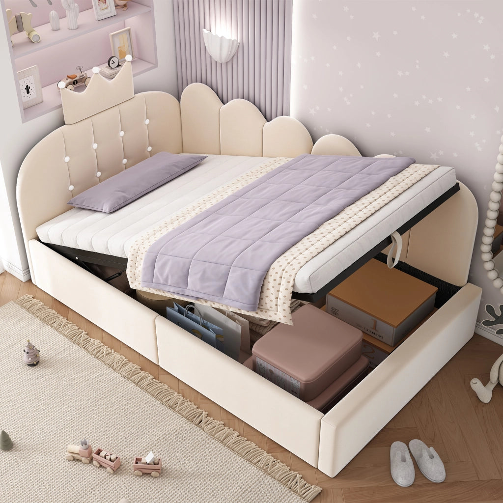 Letto da Giorno 90x190 cm in Velluto Beige con Contenitore Idraulico e Design a Corona