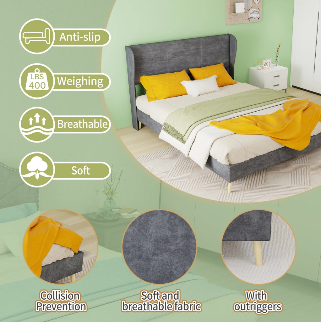 Letto Moderno Minimalista Imbottito con Testiera Morbida 140x200 cm Grigio, Base Bassa Senza Contenitore