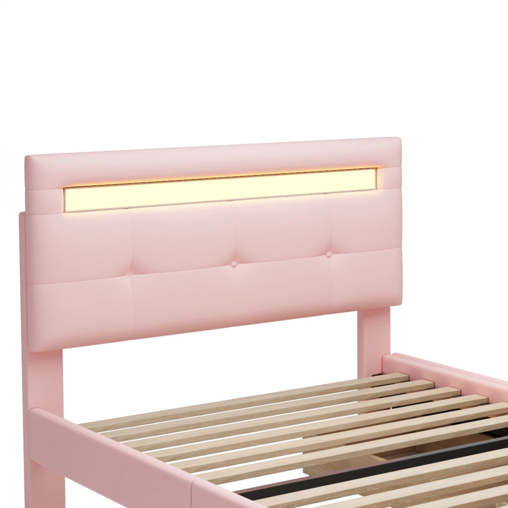 Letto con cassetti 90 × 200 cm con LED e testiera regolabile imbottito in legno rosa