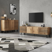 Set mobile TV e credenza in truciolare effetto legno naturale con vani e ante