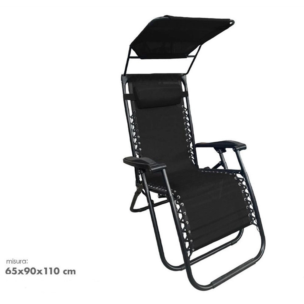 Trade Shop - Sedia Sdraio Con Parasole In Textilene Reclinabile Pieghevole Con Poggiatesta 483015 - Nero