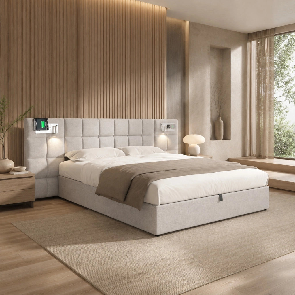 LETTO Contenitore Idraulico 180x200 cm Lino Grigio USB Ricarica Wireless Luce