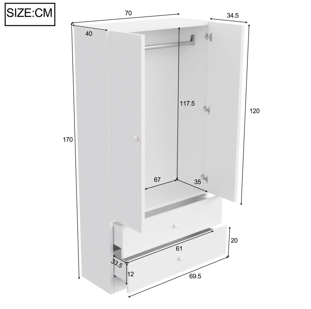 Armadio Singolo 70x40x170 cm con Due Cassetti, Design a Blocchi di Colore, Rosa e Bianco