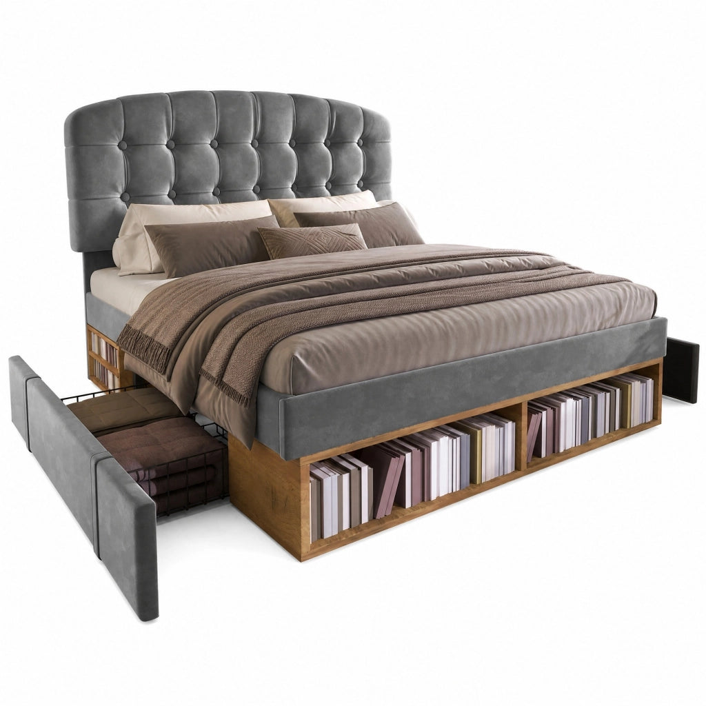 Letto matrimoniale 140x200 cm in velluto grigio con cassetti e testiera regolabile HOMVRA