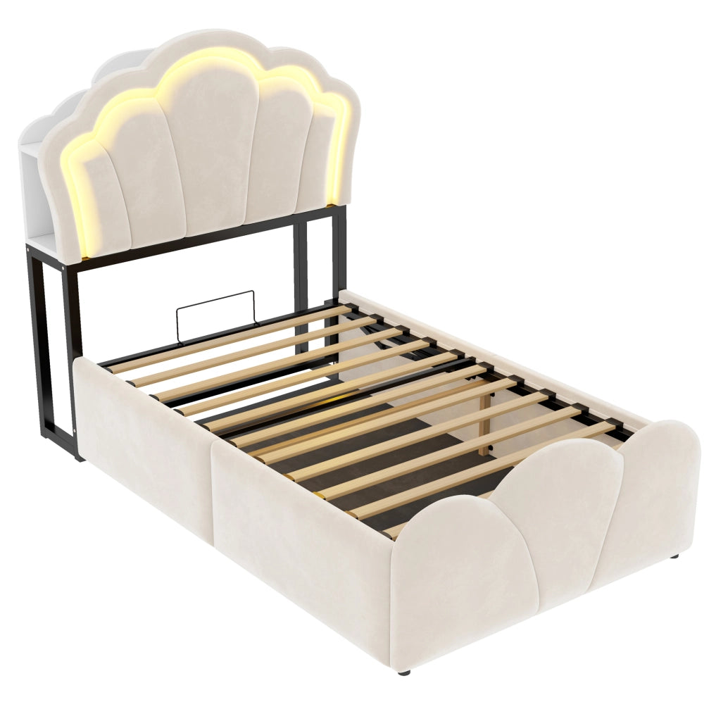 Letto imbottito 90x200 cm beige con contenitore, LED e prese