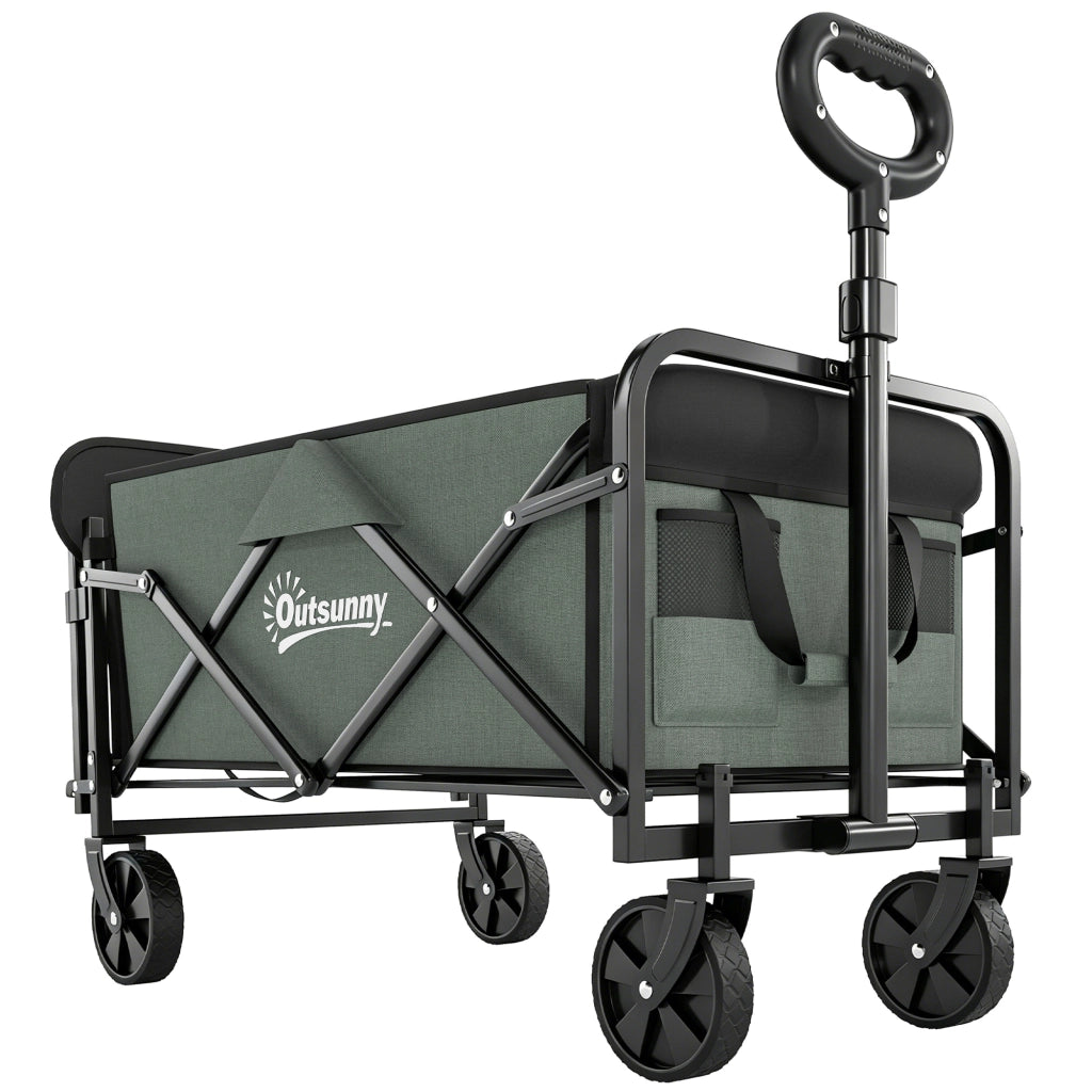 Carrello da Giardino da 72L Pieghevole con Pannello Apribile, in Acciaio e Poliestere, 76x48x65-92 cm, Verde