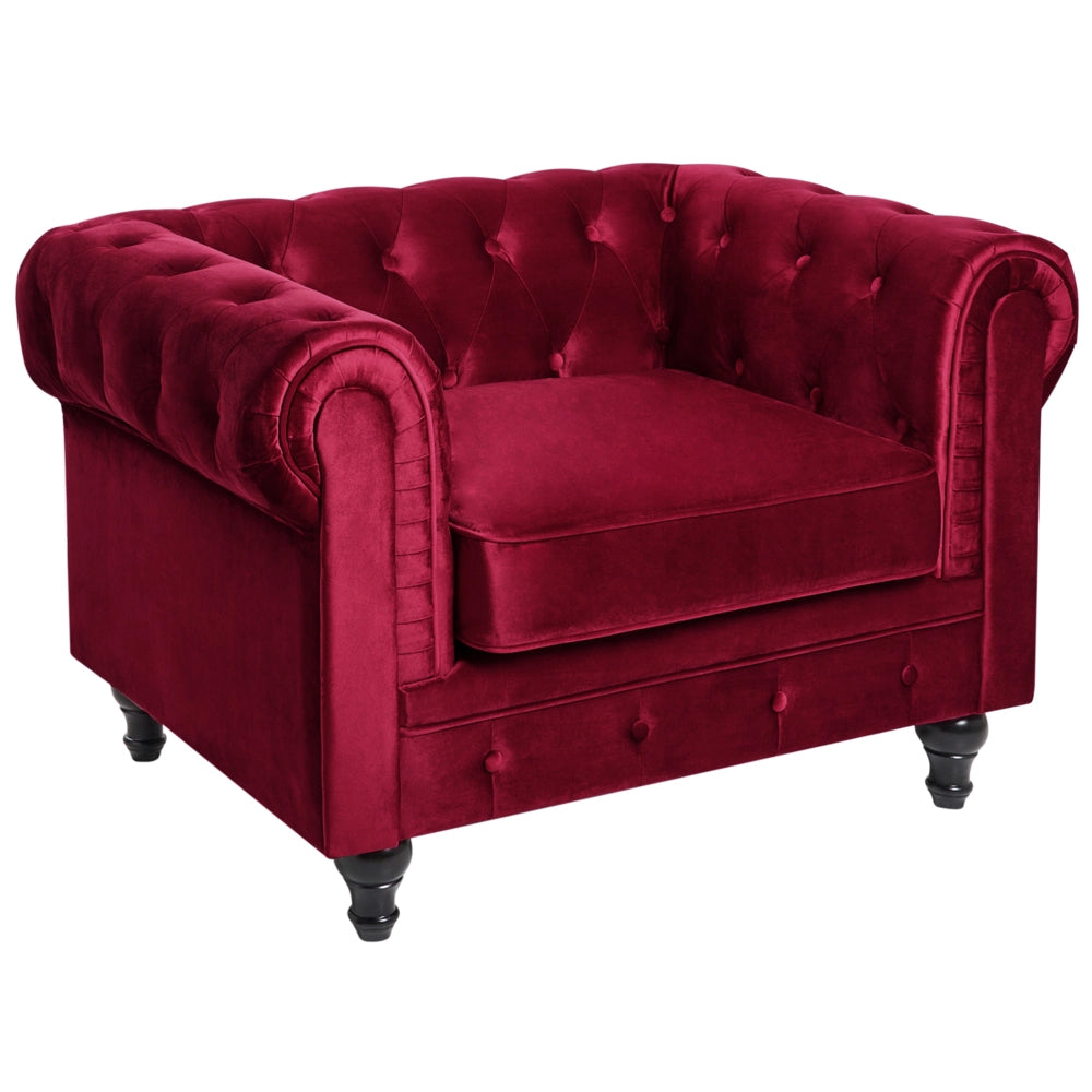 Poltrona Chesterfield Tessuto Velluto Rosso Scuro Rivestimento Gambe Legno Scuro Contemporaneo