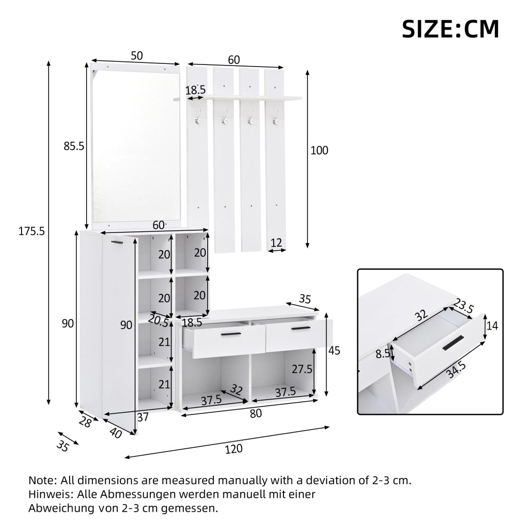 Guardaroba da ingresso con scarpiera; specchio; panca; 2 cassetti e 4 ganci in MDF bianco 120 × 35 × 175.5 cm