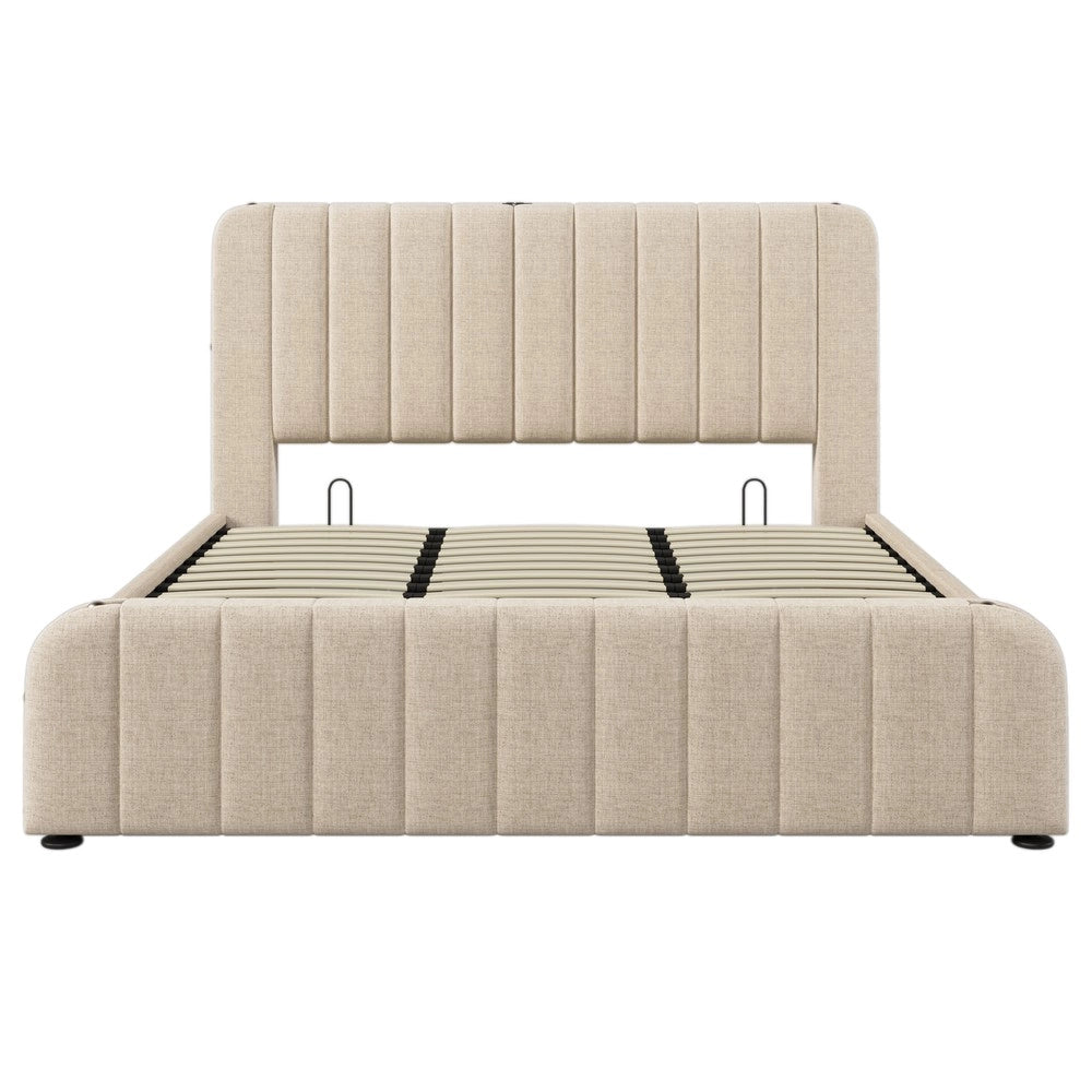 Letto Contenitore Imbottito con Materasso ¨C MINIMAL ¨C Beige, Idraulico, USB, 180x200
