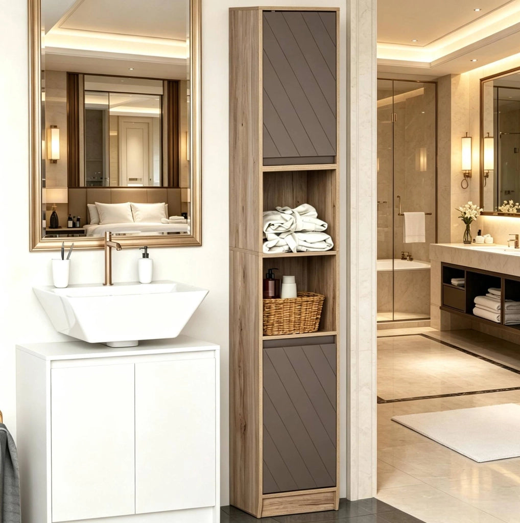 Mobile bagno alto slim in MDF e truciolato grigio e rovere 30x24x170 cm