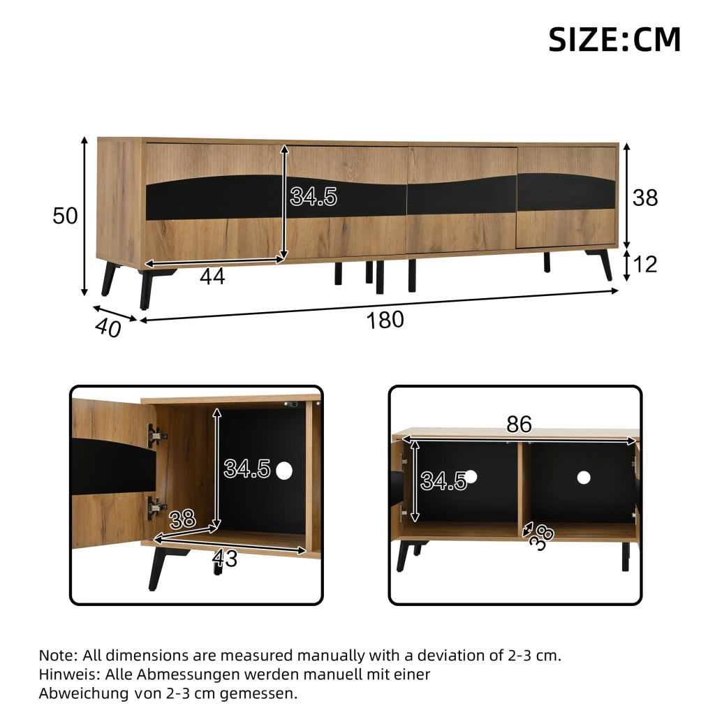 Mobile TV 180x40x50 cm con 4 ante in truciolare naturale e nero